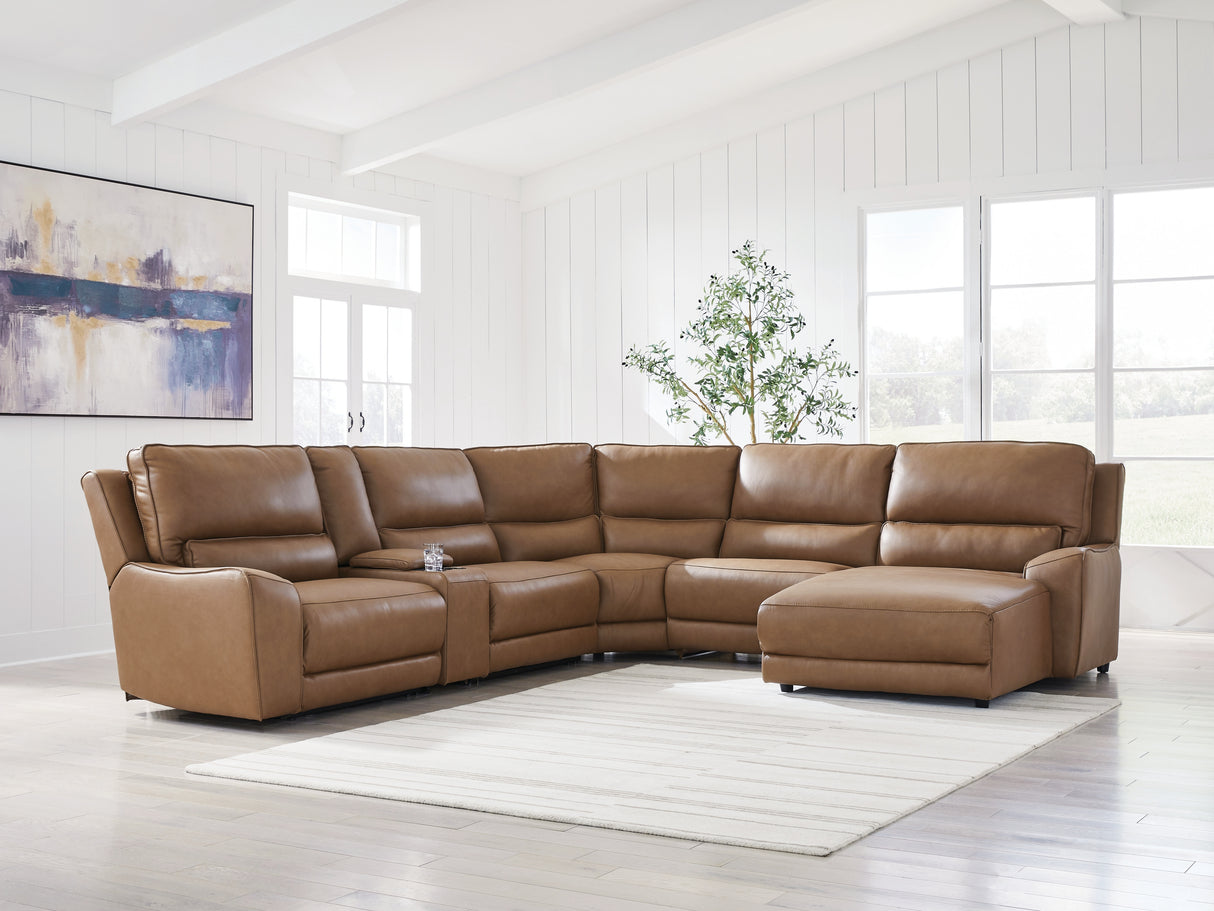DeepWakes Caramel 6-Piece Power Reclining Sectional with RAF Chaise from Ashley Furniture - Luna Furniture