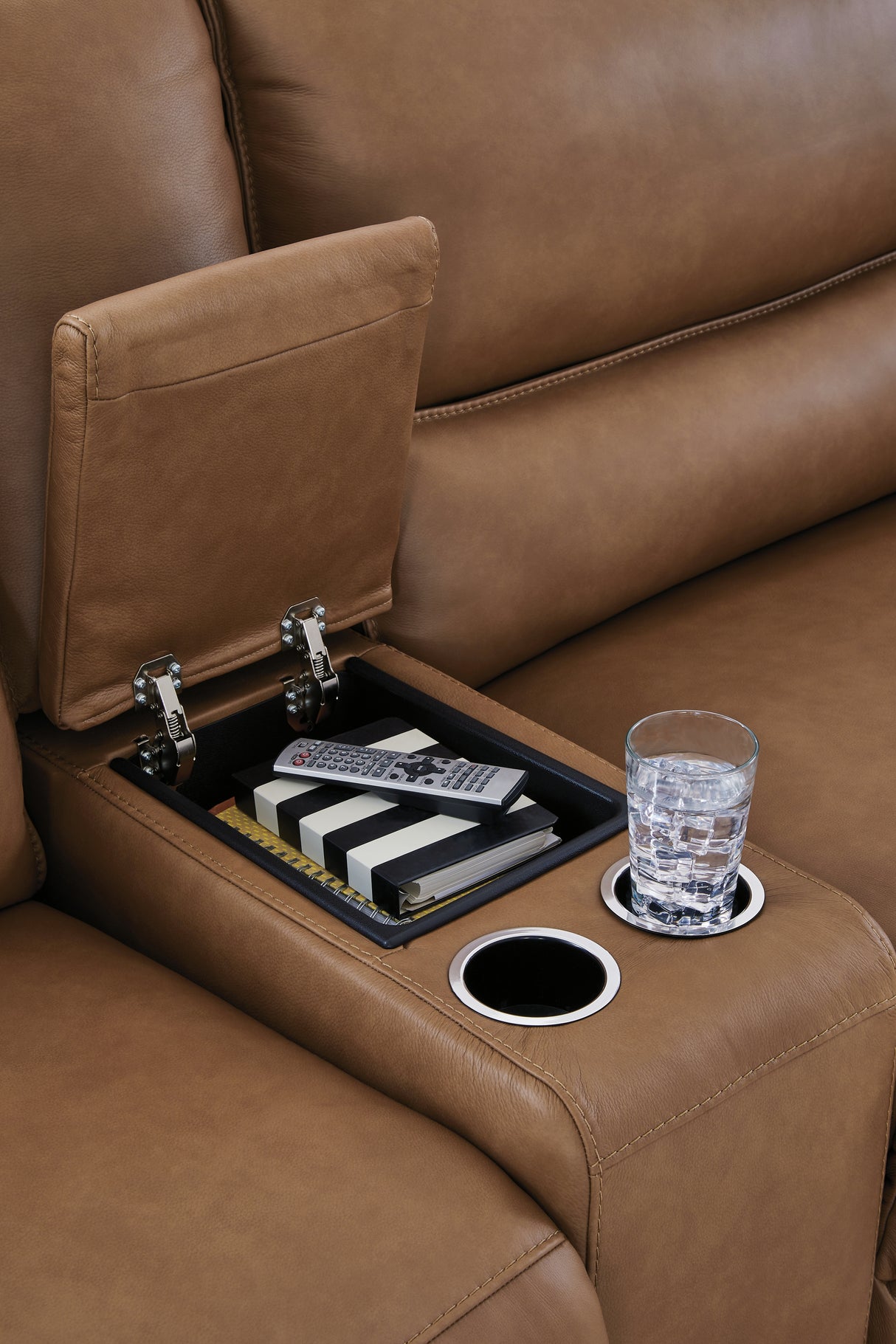 DeepWakes Caramel 6-Piece Reclining Sectional with Storage Console from Ashley Furniture - Luna Furniture