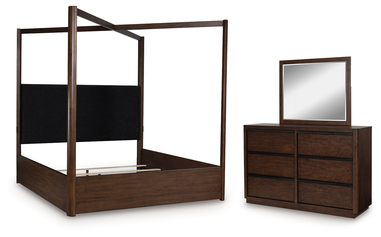 Dilenno California King Canopy Bed with Mirrored Dresser in Dark Brown from Ashley - Luna Furniture