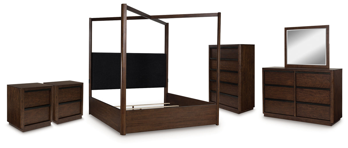 Dilenno Queen Canopy Bed with Mirrored Dresser, Chest and 2 Nightstands in Dark Brown from Ashley - Luna Furniture