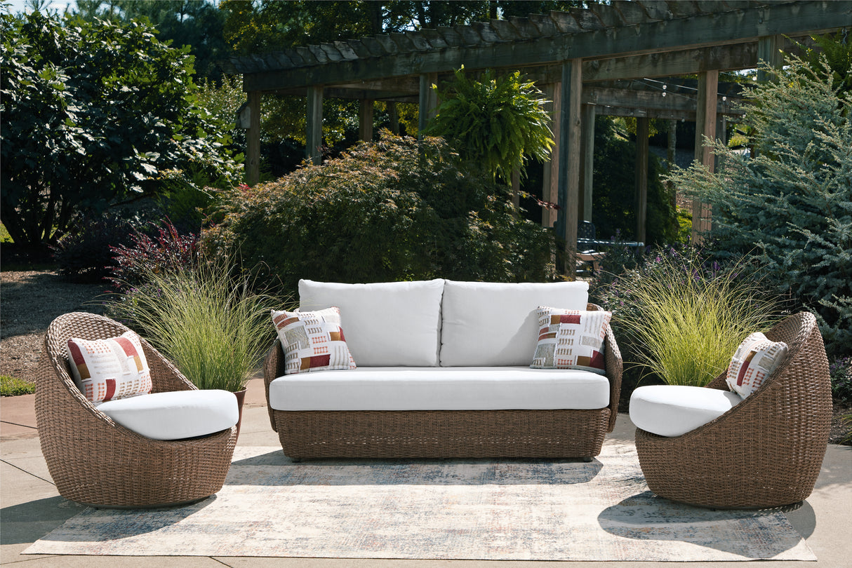 Double Point Beige Outdoor Loveseat/2 Swivel Chairs (Set of 3) from Ashley - Luna Furniture