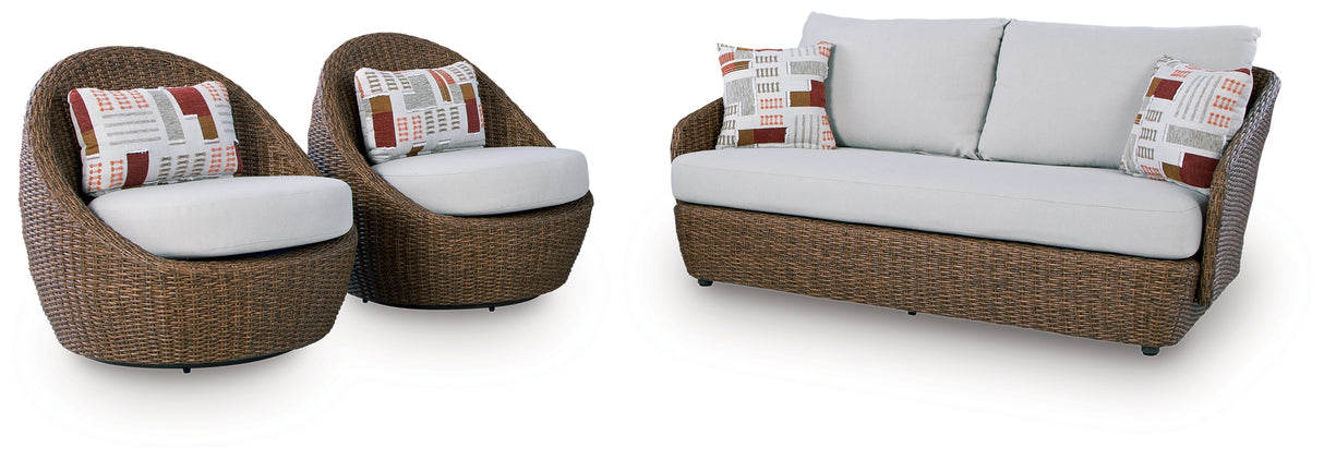 Double Point Beige Outdoor Loveseat/2 Swivel Chairs (Set of 3) from Ashley - Luna Furniture
