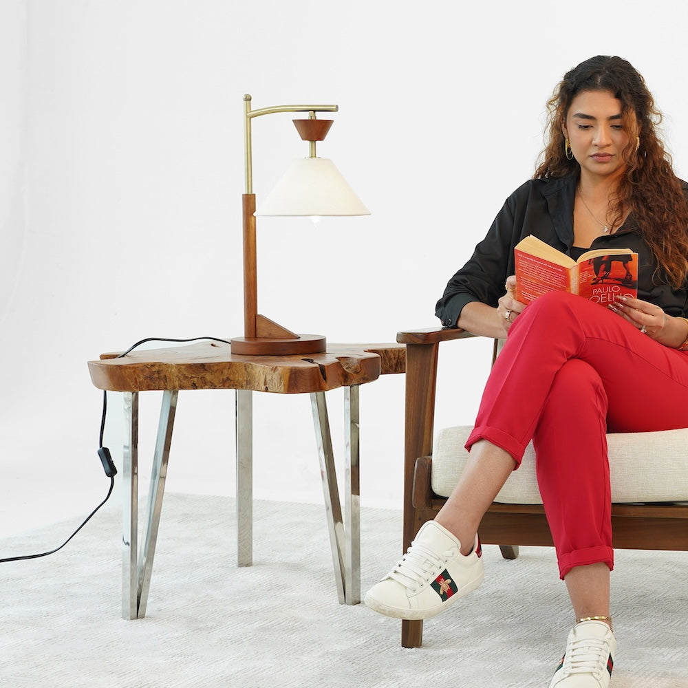 Dreamlight Table Lamp, Brown Solid Wood Base with Elegant Cone Linen Shade from Ashcroft Furniture - Luna Furniture