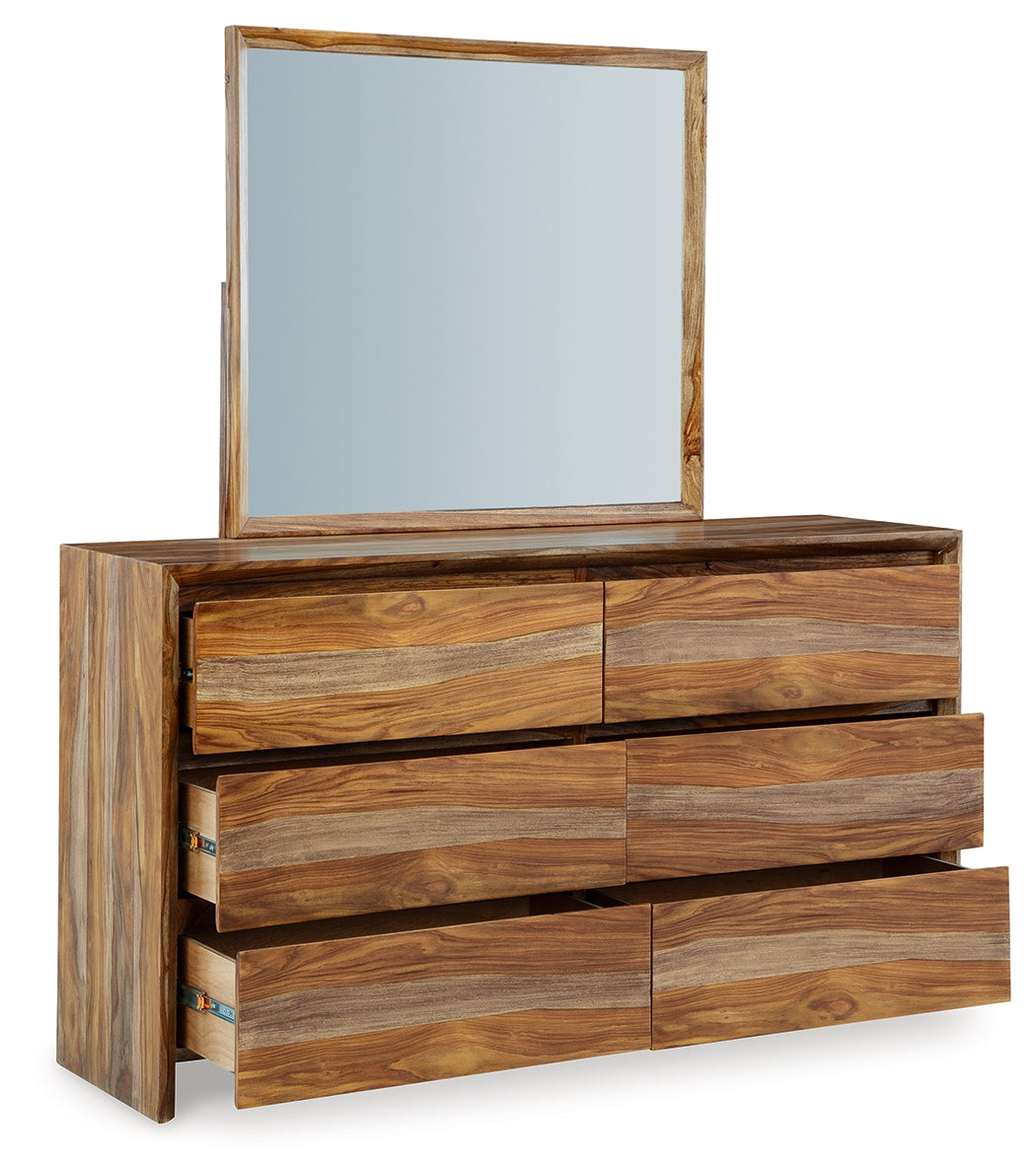 Dressonni California King Panel Bed with Mirrored Dresser in Brown from Ashley - Luna Furniture