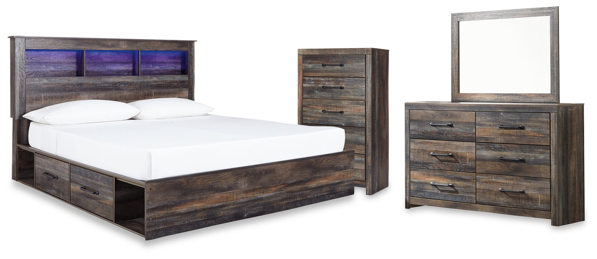 Drystan King Bookcase Bed with 2 Storage Drawers with Mirrored Dresser and Chest in Multi from Ashley - Luna Furniture