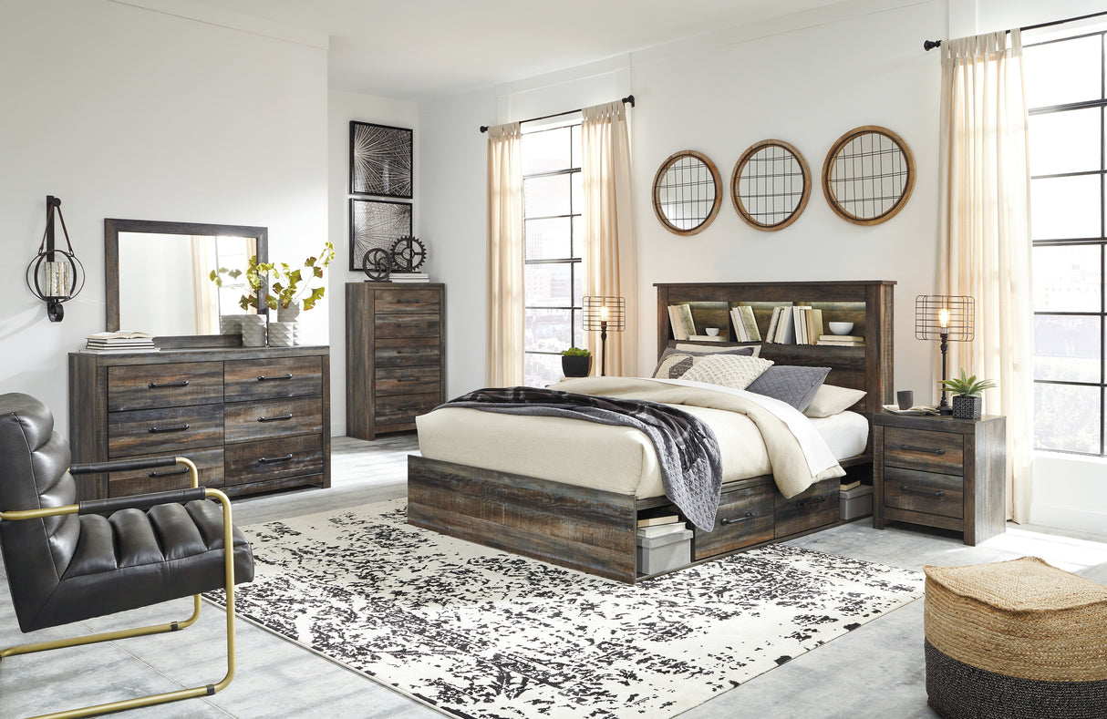 Drystan Queen Bookcase Bed with 4 Storage Drawers with Mirrored Dresser, Chest and 2 Nightstands in Multi from Ashley - Luna Furniture