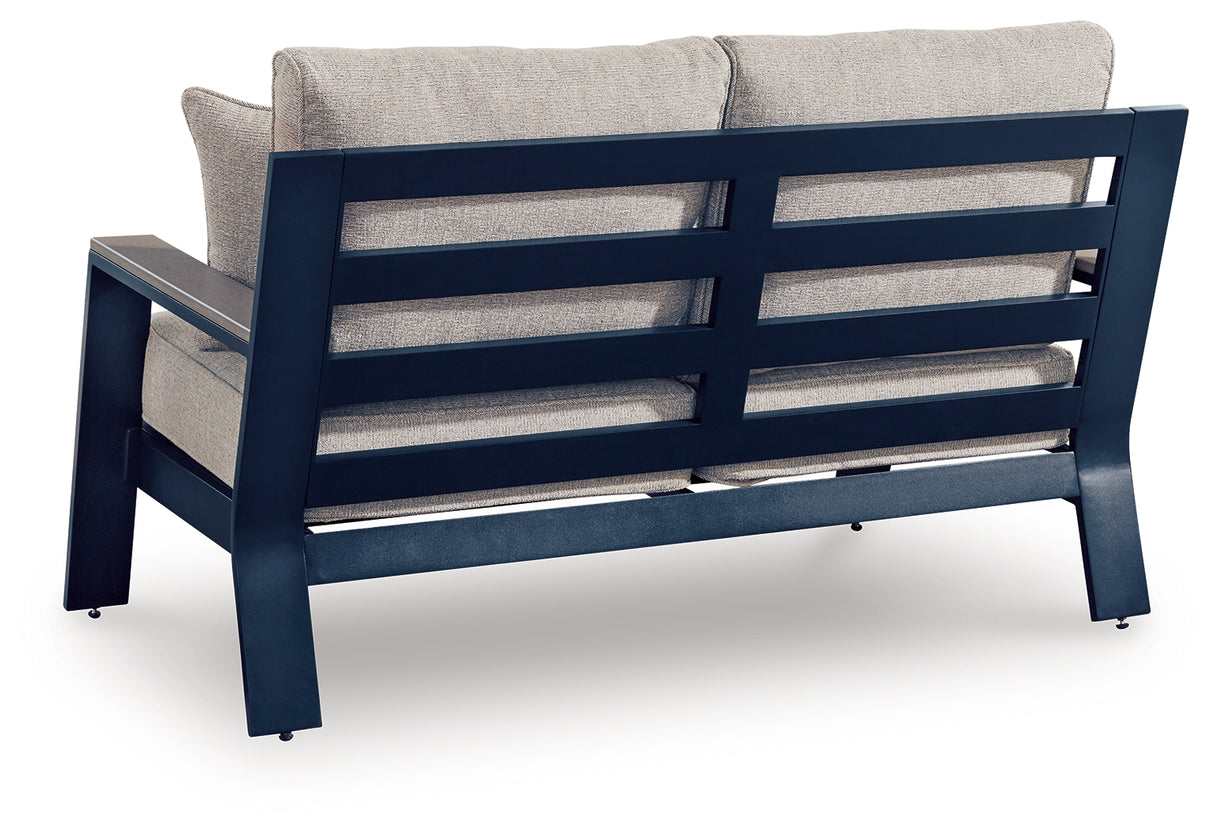 East Beach Blue Outdoor Loveseat with Cushion from Ashley - Luna Furniture