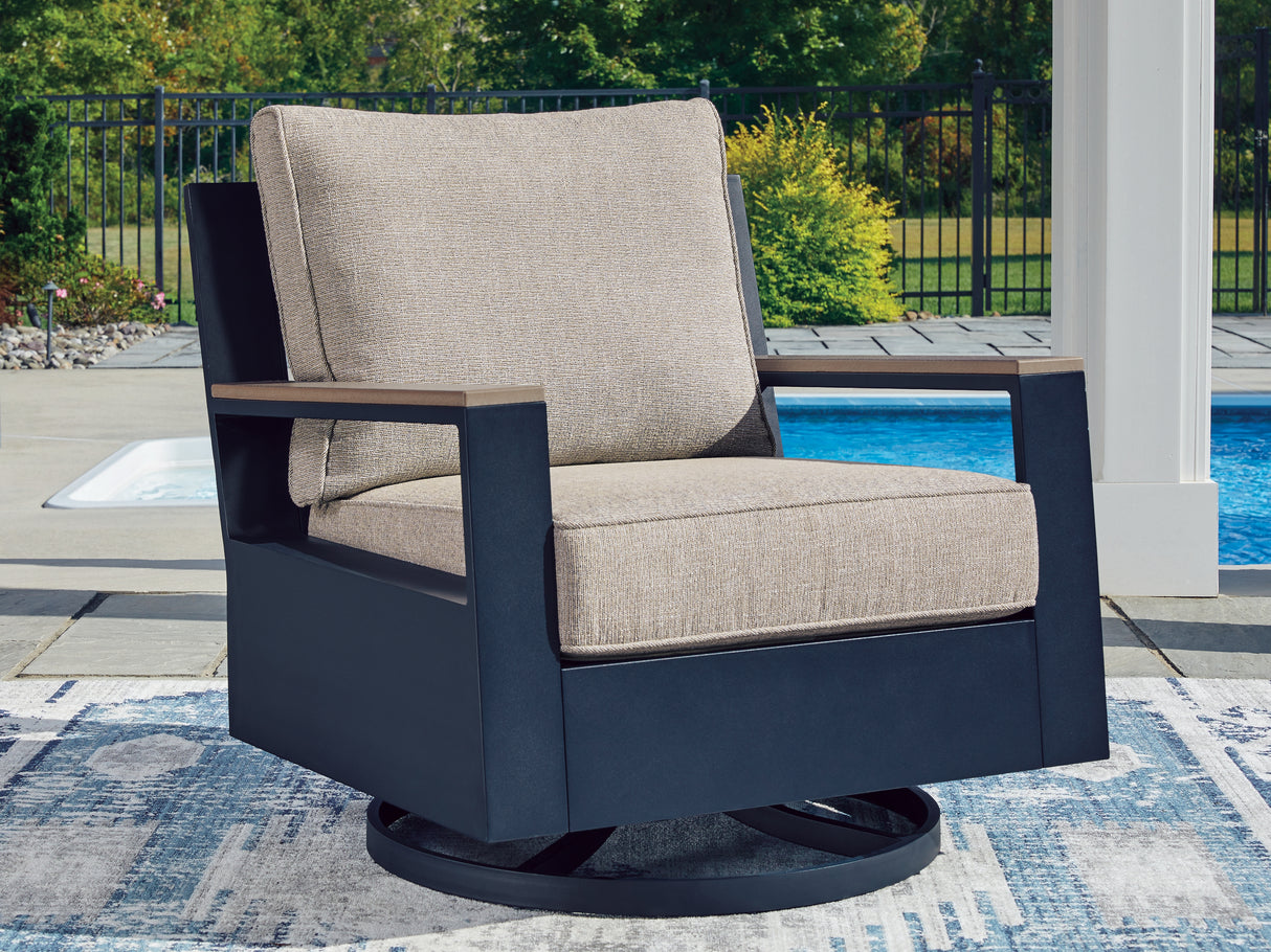 East Beach Blue Outdoor Swivel Glider Chair with Cushion from Ashley - Luna Furniture