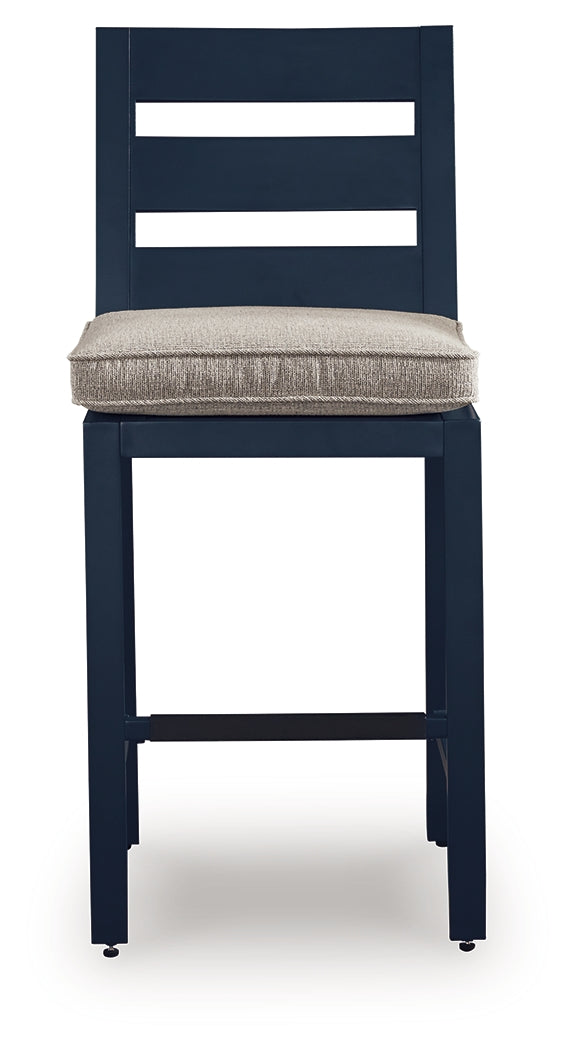East Beach Outdoor Fire Pit Bar Table and 4 Barstools in Navy Blue/Driftwood from Ashley - Luna Furniture