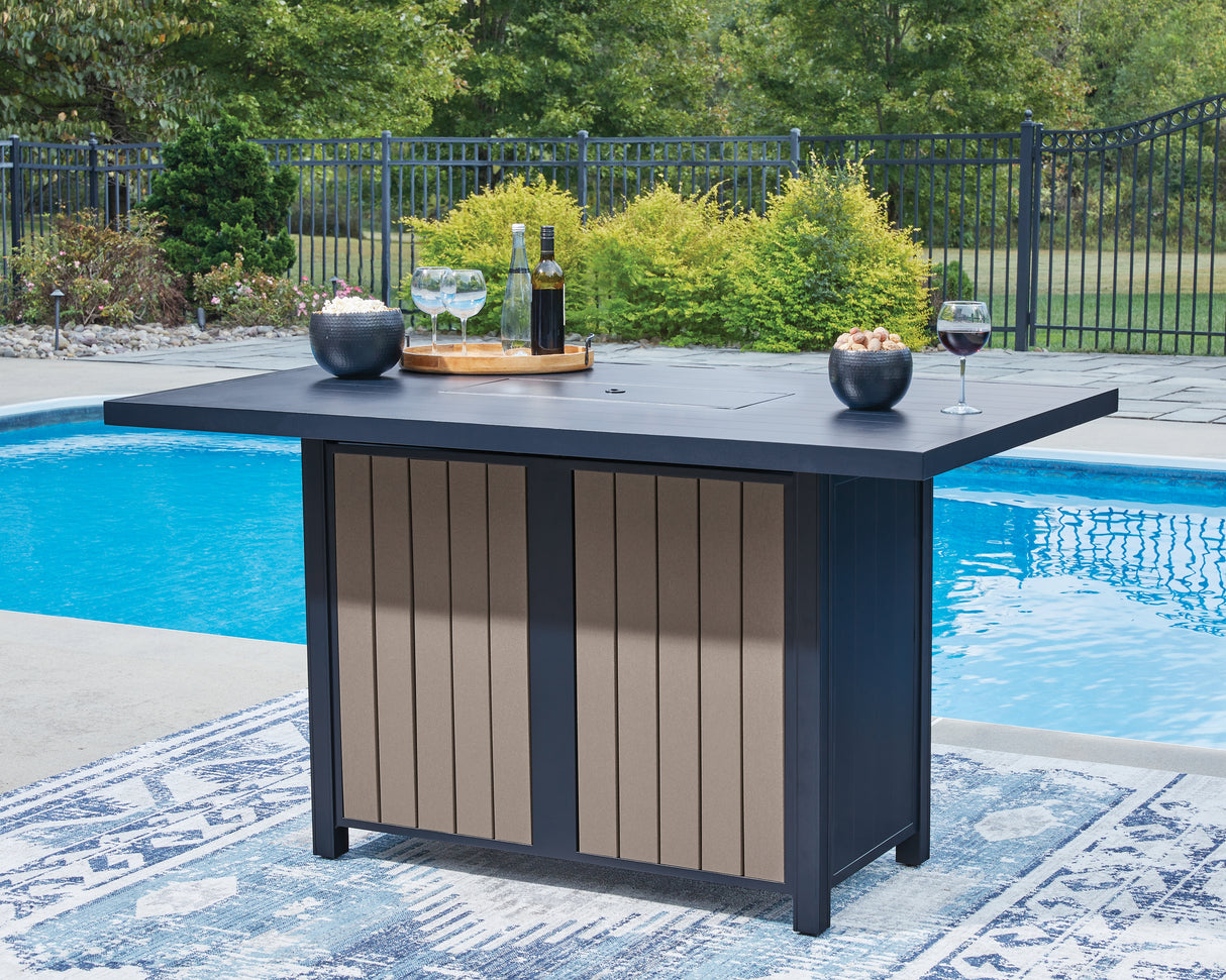 East Beach Outdoor Fire Pit Bar Table and 4 Barstools in Navy Blue/Driftwood from Ashley - Luna Furniture