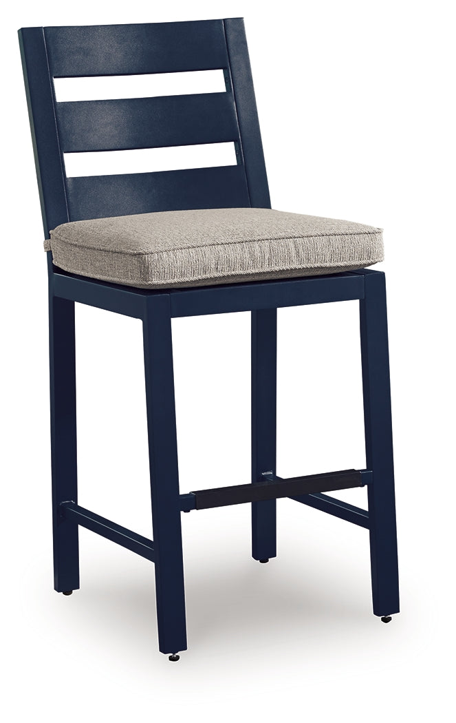 East Beach Outdoor Fire Pit Bar Table and 4 Barstools in Navy Blue/Driftwood from Ashley - Luna Furniture
