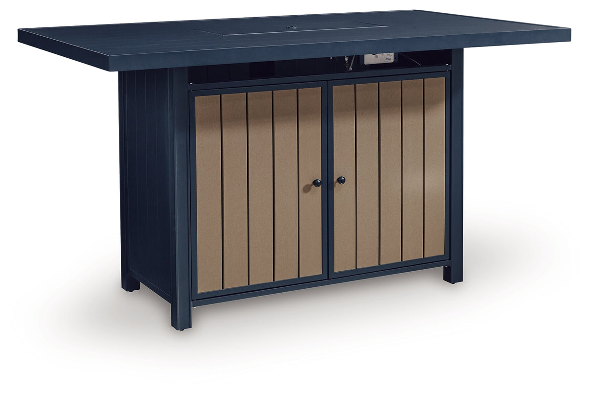East Beach Outdoor Fire Pit Bar Table and 4 Barstools in Navy Blue/Driftwood from Ashley - Luna Furniture