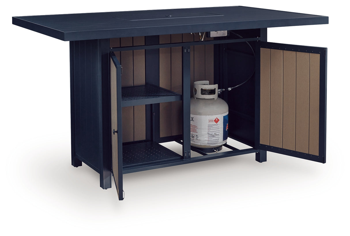 East Beach Outdoor Fire Pit Bar Table and 4 Barstools in Navy Blue/Driftwood from Ashley - Luna Furniture