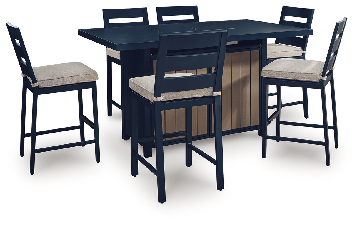 East Beach Outdoor Fire Pit Table and 6 Barstools in Navy Blue/Driftwood from Ashley - Luna Furniture