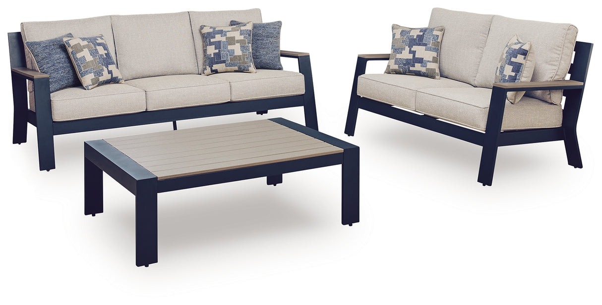 East Beach Outdoor Sofa and Loveseat with Coffee Table in Navy Blue/Driftwood from Ashley - Luna Furniture