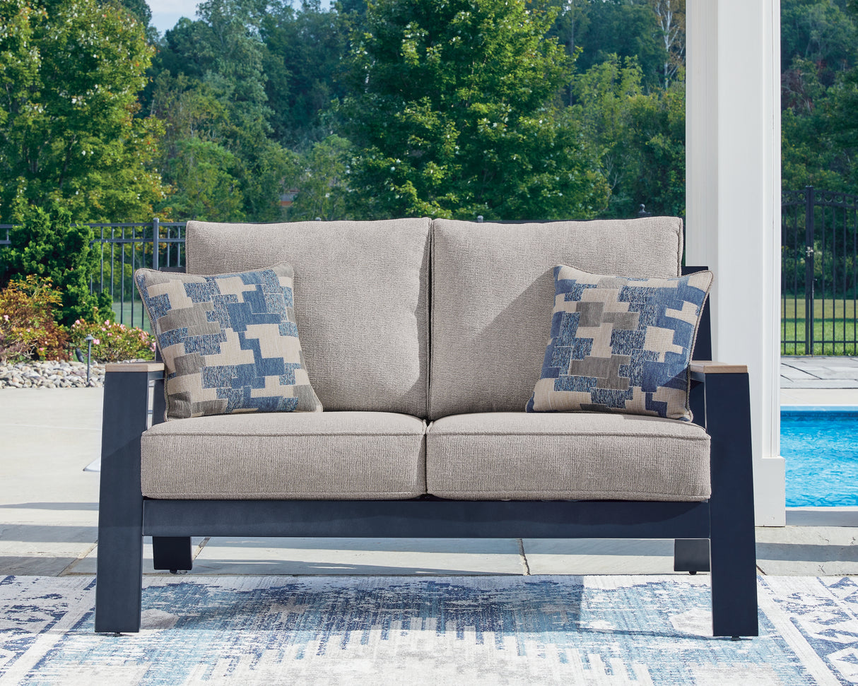 East Beach Outdoor Sofa and Loveseat with Coffee Table in Navy Blue/Driftwood from Ashley - Luna Furniture