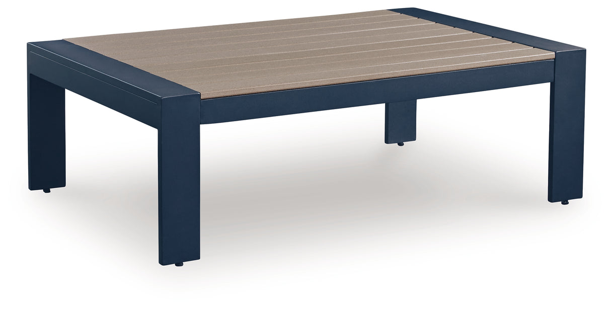 East Beach Outdoor Sofa and Loveseat with Coffee Table in Navy Blue/Driftwood from Ashley - Luna Furniture