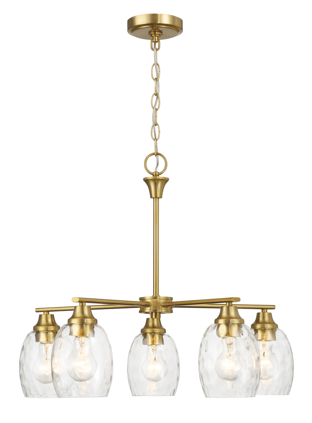 Elegance Five Lights Linear Arms with Golden Brass Finish Chain Chandelier 24"W × 8.5"H with Clear Water Glass from Midinmod - Luna Furniture