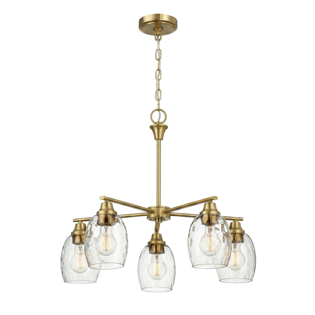 Elegance Five Lights Linear Arms with Golden Brass Finish Chain Chandelier 24"W × 8.5"H with Clear Water Glass from Ashcroft Furniture - Luna Furniture