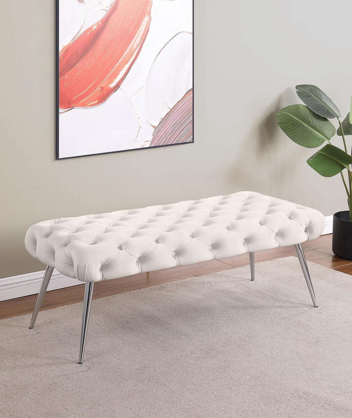 Ella Ivory Upholstered Tufted Bench Stainless Steel Legs from Coaster - Luna Furniture