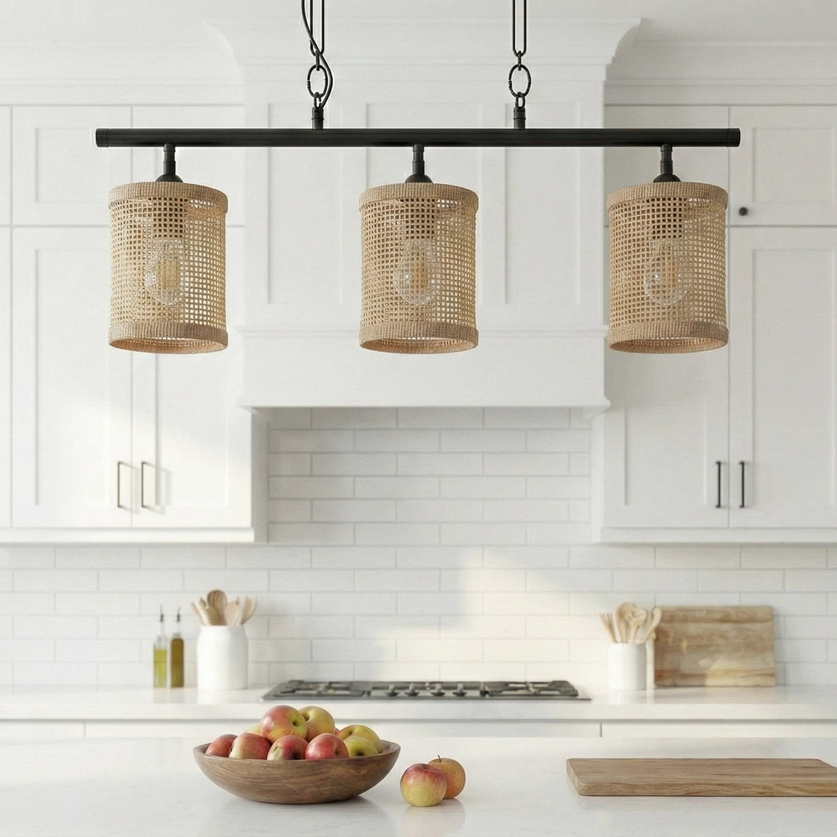 Elysian Three Lights Island With Natural Rattan Shade Farmhouse Chain Ceiling Lamp from Ashcroft Furniture - Luna Furniture
