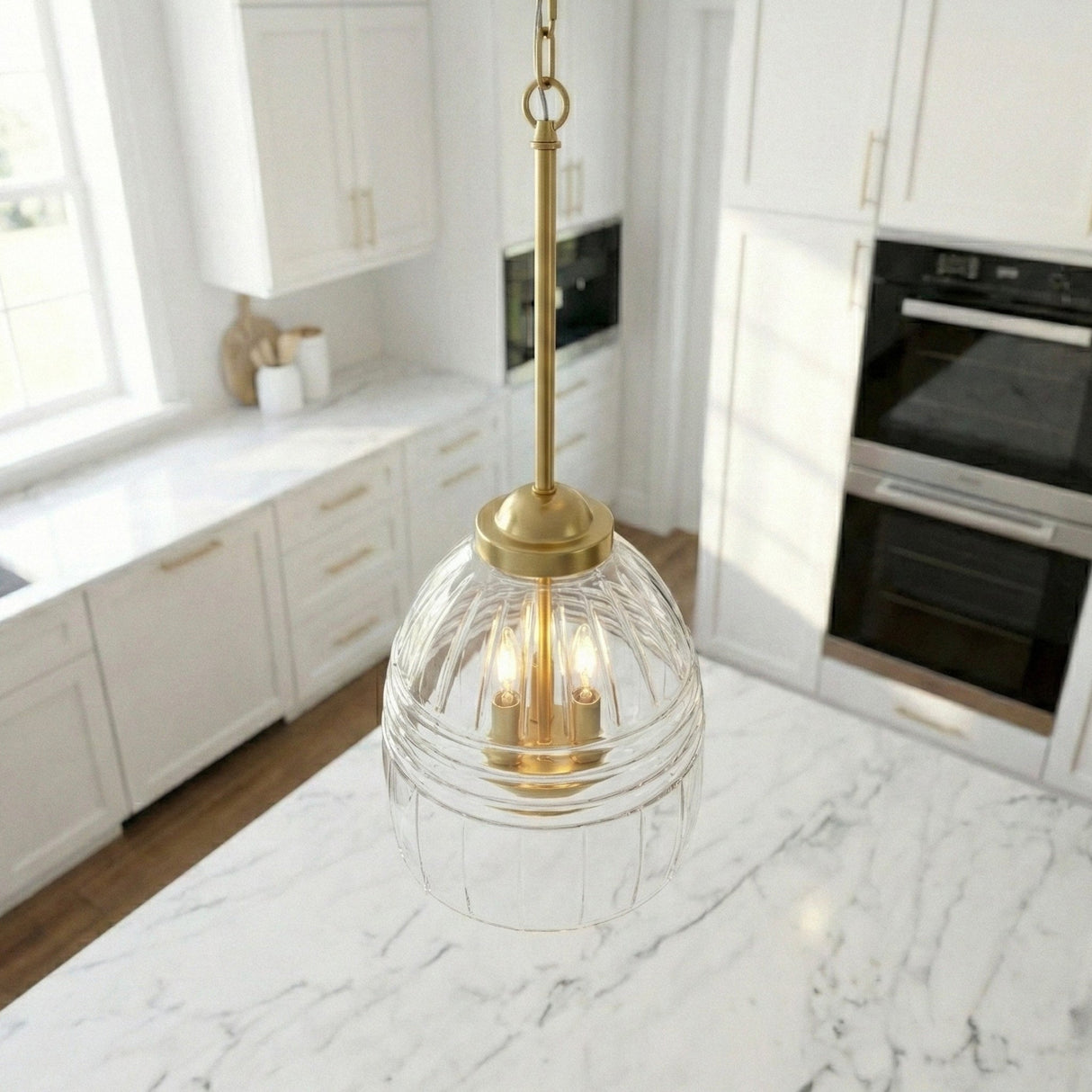 Ember Three Candle Lights Chain Pendant With Clear Glass - Satin Brass from Ashcroft Furniture - Luna Furniture