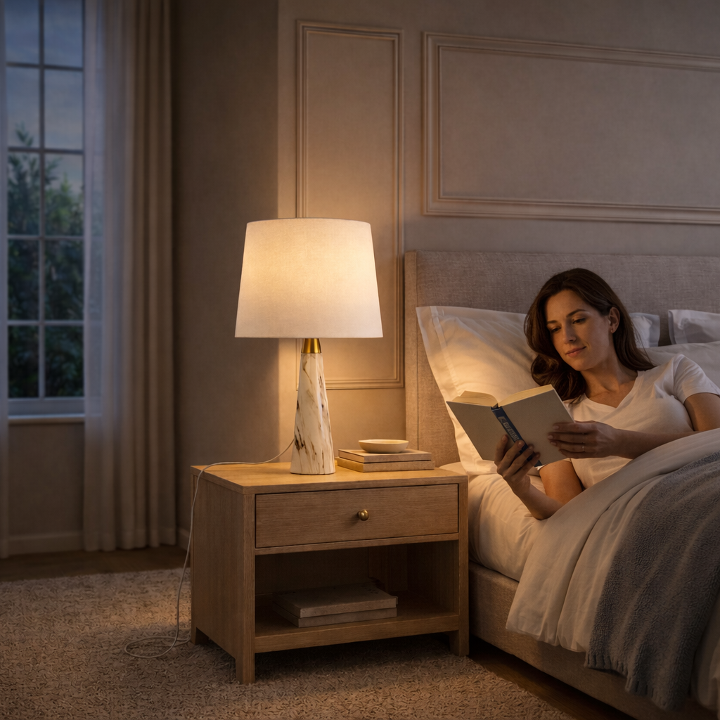 Enclave Hydro Black Table Lamp with On/Off Switch Faux Marble Base Fabric Shade from Ashcroft Furniture - Luna Furniture