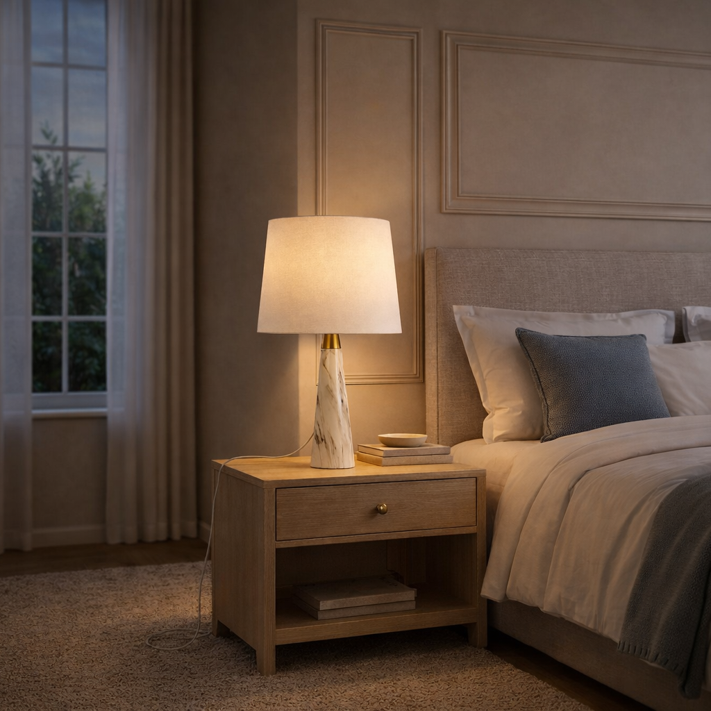 Enclave Hydro Black Table Lamp with On/Off Switch Faux Marble Base Fabric Shade from Ashcroft Furniture - Luna Furniture