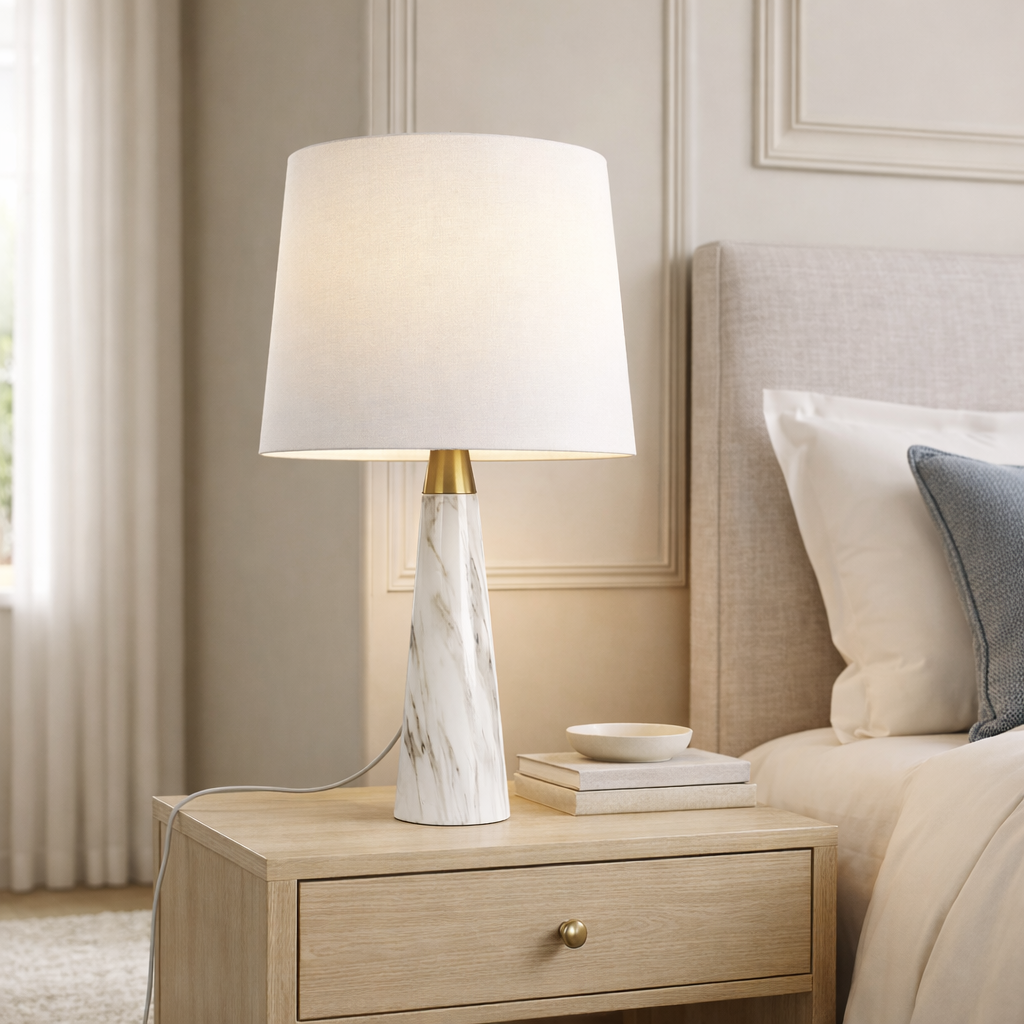 Enclave Hydro Black Table Lamp with On/Off Switch Faux Marble Base Fabric Shade from Ashcroft Furniture - Luna Furniture