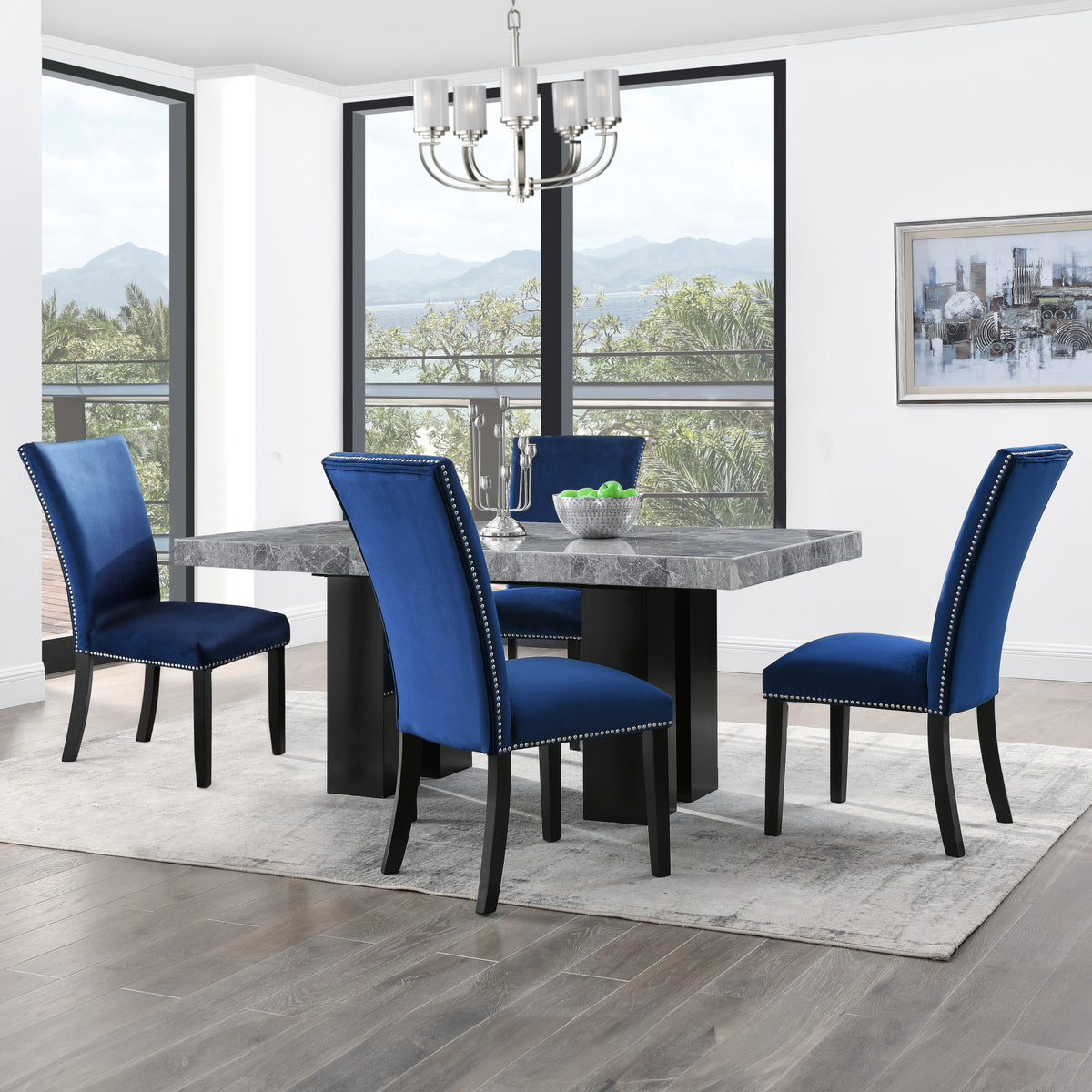 Camila Blue/Espresso 5-Piece Rectangle Gray Marble Top Dining Set from Steve Silver - Luna Furniture