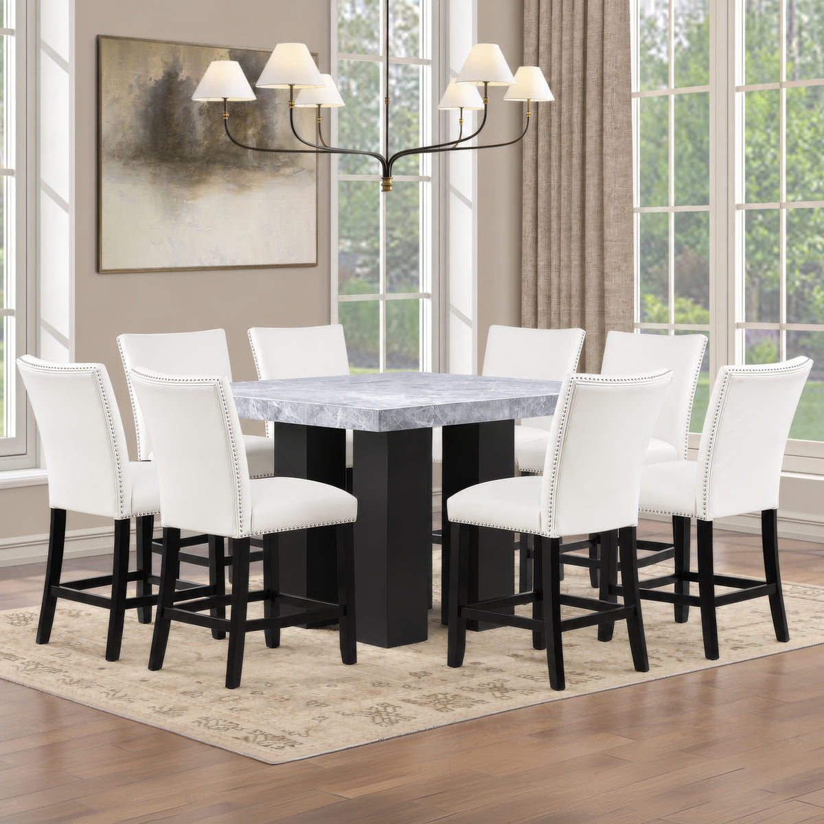 Artemis Gray Square Marble Top 9-Piece Counter Height Dining Set with White Vegan Leather Chairs