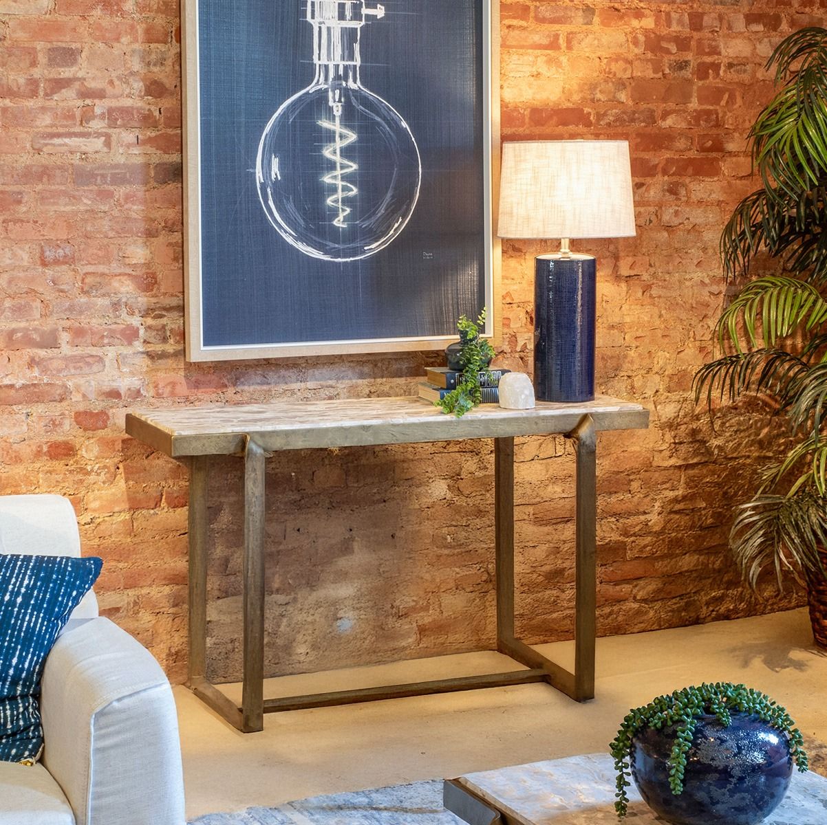 Argos 52" Console Table with Capri Beige Marble Top and Antique Brass Base from Home Trends & Design - Luna Furniture