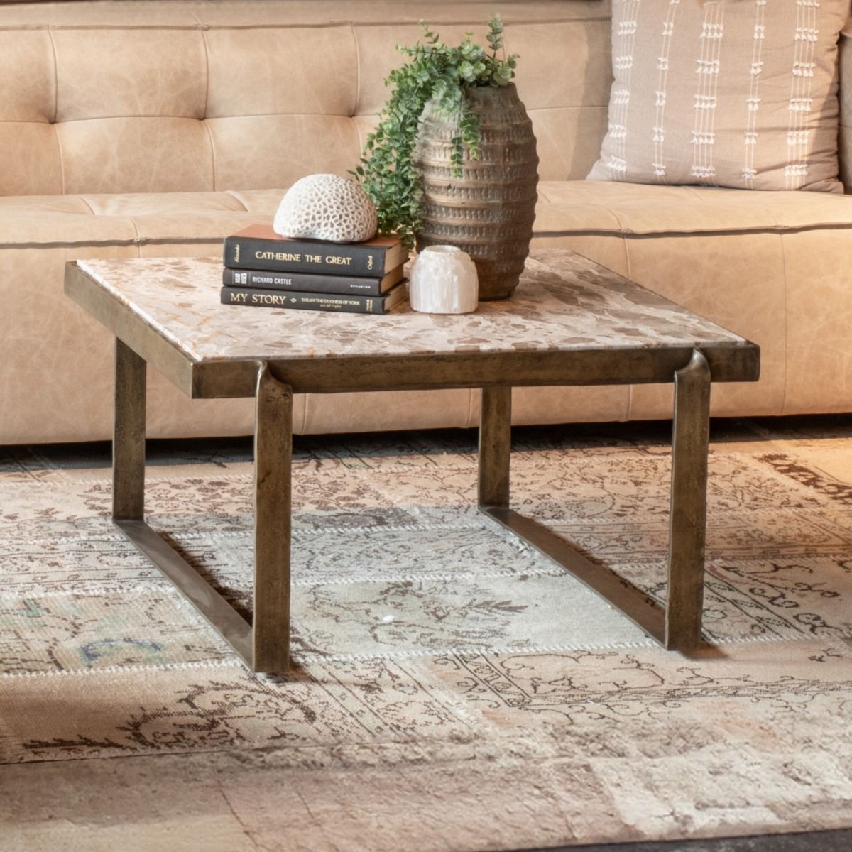 Argos 32" Coffee Table with Marble and Antique Brass from Home Trends & Design - Luna Furniture