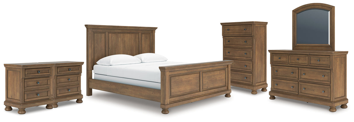 Feddinger California King Panel Bed with Mirrored Dresser, Chest and 2 Nightstands in Medium Brown from Ashley - Luna Furniture