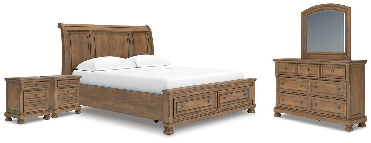 Feddinger California King Storage Sleigh Bed with Mirrored Dresser and 2 Nightstands in Medium Brown from Ashley - Luna Furniture