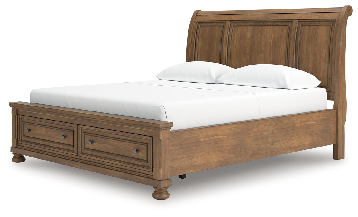 Feddinger California King Storage Sleigh Bed with Mirrored Dresser, Chest and 2 Nightstands in Medium Brown from Ashley - Luna Furniture