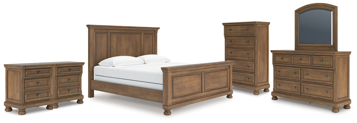 Feddinger King Panel Bed with Mirrored Dresser, Chest and 2 Nightstands in Medium Brown from Ashley - Luna Furniture