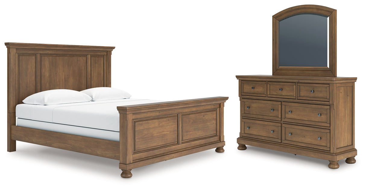 Feddinger King Panel Bed with Mirrored Dresser in Medium Brown from Ashley - Luna Furniture