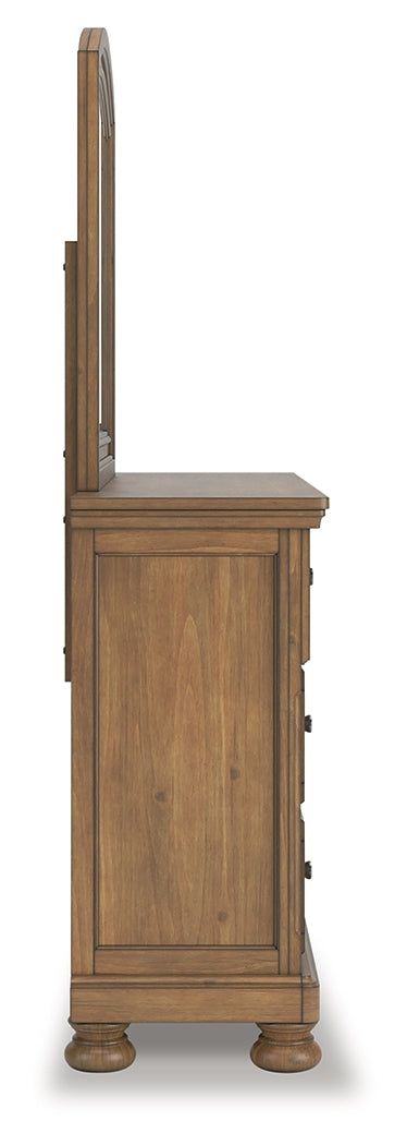 Feddinger King Storage Sleigh Bed with Mirrored Dresser and 2 Nightstands in Medium Brown from Ashley - Luna Furniture