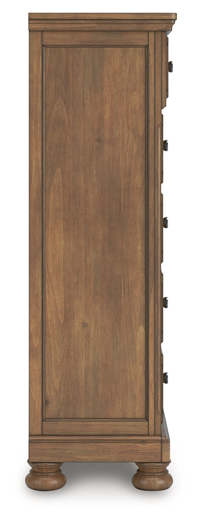 Feddinger King Storage Sleigh Bed with Mirrored Dresser and Chest in Medium Brown from Ashley - Luna Furniture