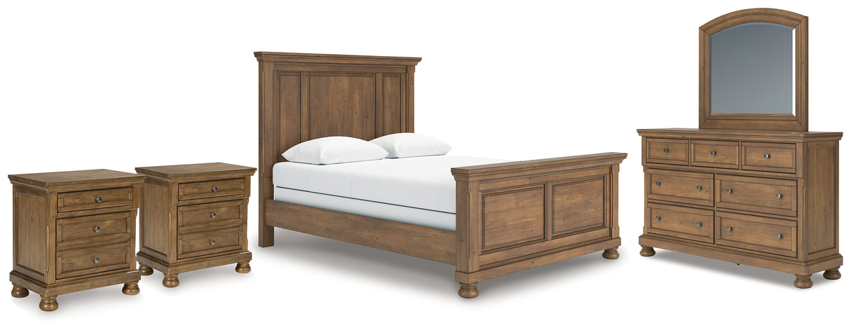 Feddinger Queen Panel Bed with Mirrored Dresser and 2 Nightstands in Medium Brown from Ashley - Luna Furniture