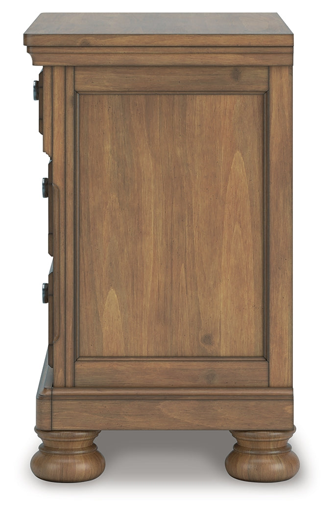 Feddinger Queen Panel Bed with Mirrored Dresser, Chest and 2 Nightstands in Medium Brown from Ashley - Luna Furniture