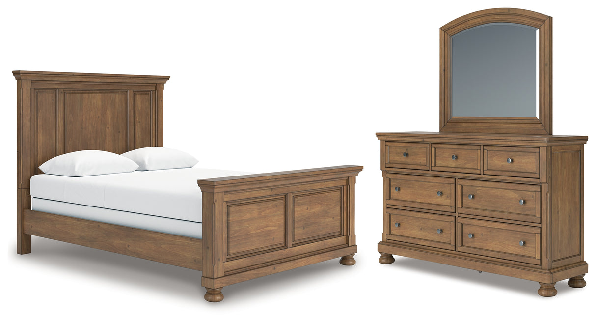 Feddinger Queen Panel Bed with Mirrored Dresser in Medium Brown from Ashley - Luna Furniture