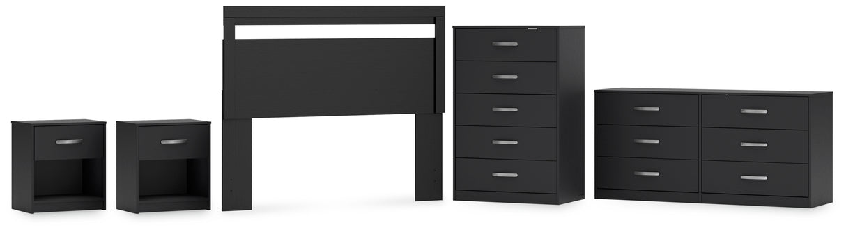 Finch Queen Panel Headboard with Dresser, Chest and 2 Nightstands in Black from Ashley - Luna Furniture