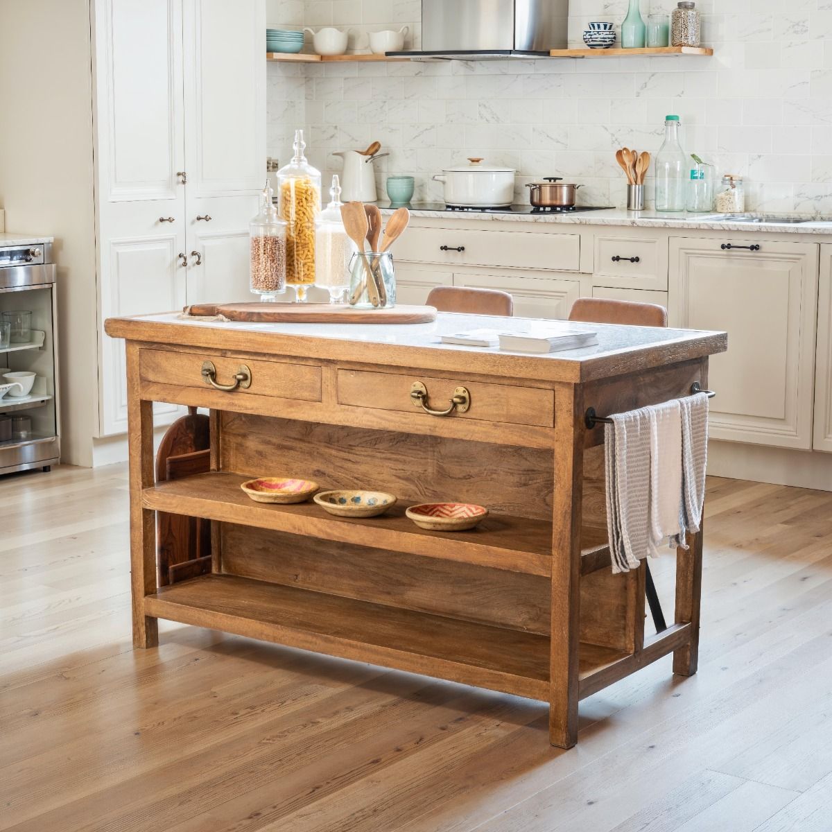 Manila 58" Kitchen Island Table with White Marble Top and Natural Mango Base from Home Trends & Design - Luna Furniture