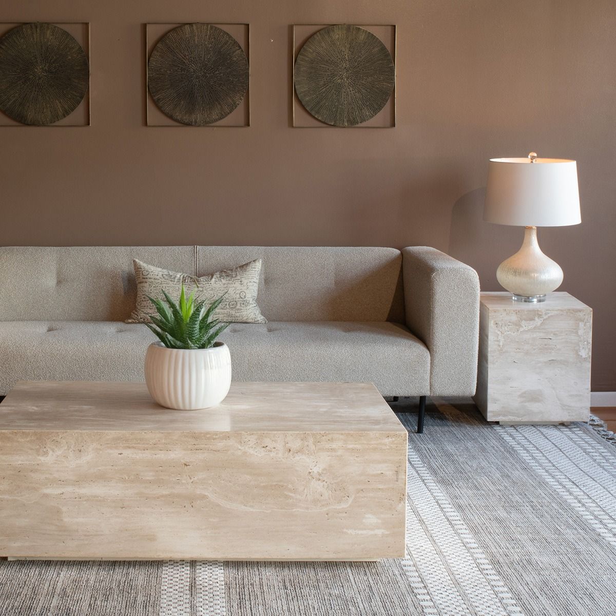 Nile 50" Drum Coffee Table in Travertine Stone from Home Trends & Design - Luna Furniture