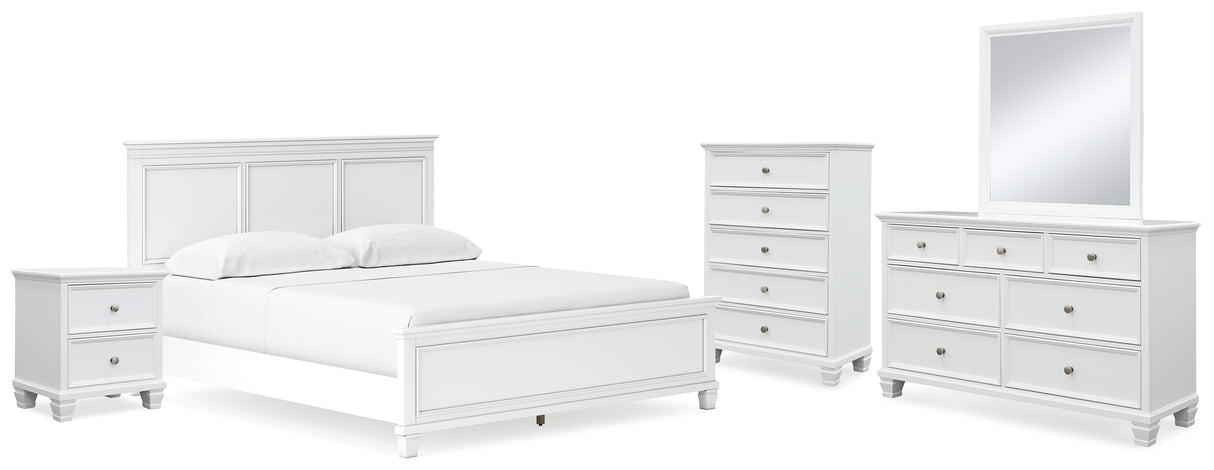 Fortman California King Panel Bed with Mirrored Dresser, Chest and Nightstand in White from Ashley - Luna Furniture