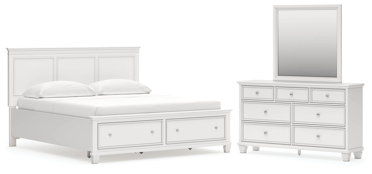 Fortman California King Panel Storage Bed with Mirrored Dresser in White from Ashley - Luna Furniture