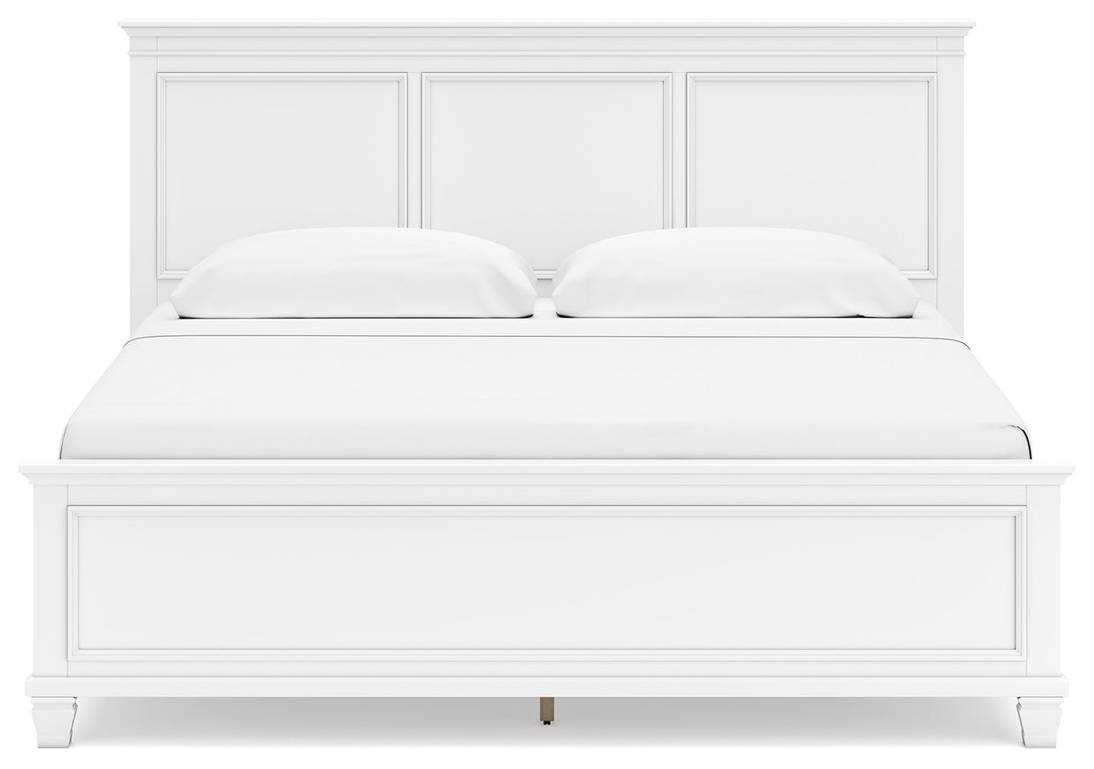 Fortman King Panel Bed with Mirrored Dresser and Chest in White from Ashley - Luna Furniture