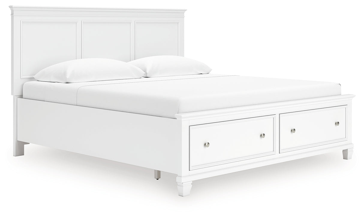 Fortman King Panel Storage Bed with Mirrored Dresser and Nightstand in White from Ashley Furniture - Luna Furniture